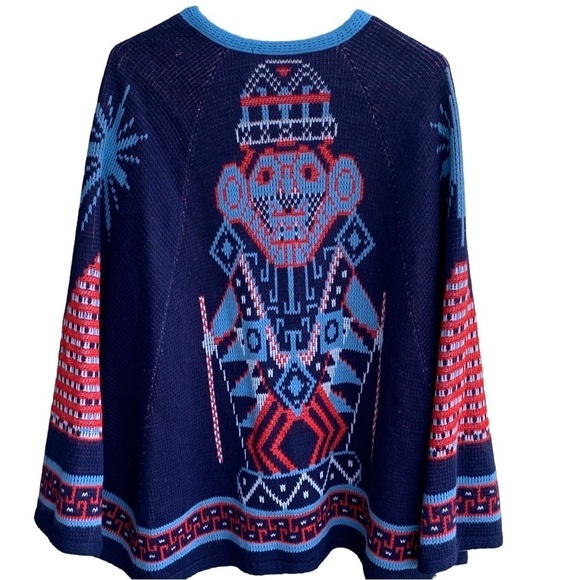 Vintage Sturbridge Tribal Aztec Knit Sweater Poncho Boho Blue Red Indian Buttons - Picture 1 of 10